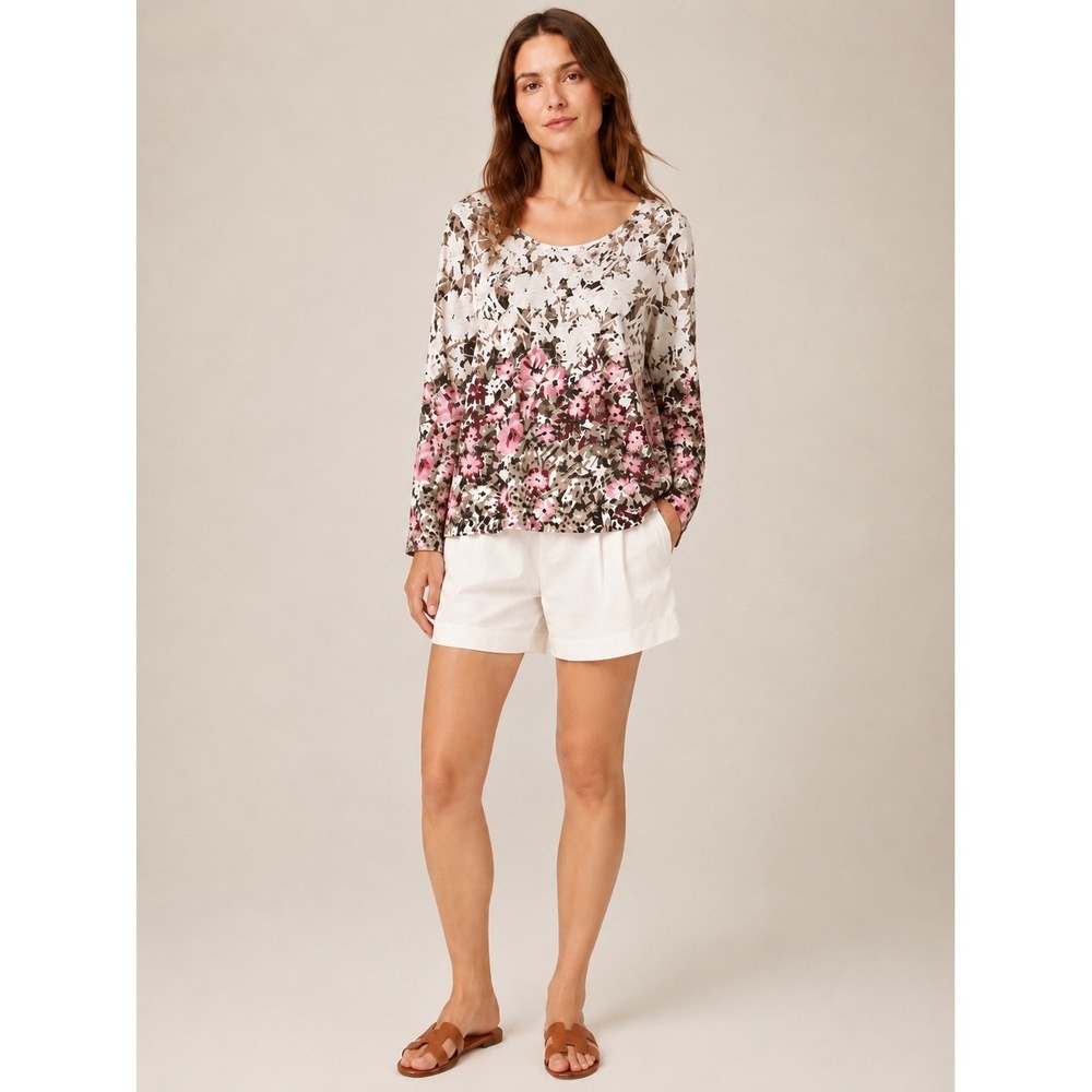 J. Jill Scoop Neck High-Low Top Womens Large Petite Pink Floral Cotton Cottage